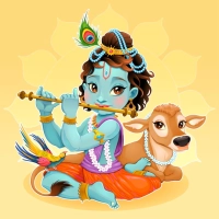 Cute digital illustration of baby Lord Krishna with blue skin playing a flute next to a small brown calf. | PrintPosters.in